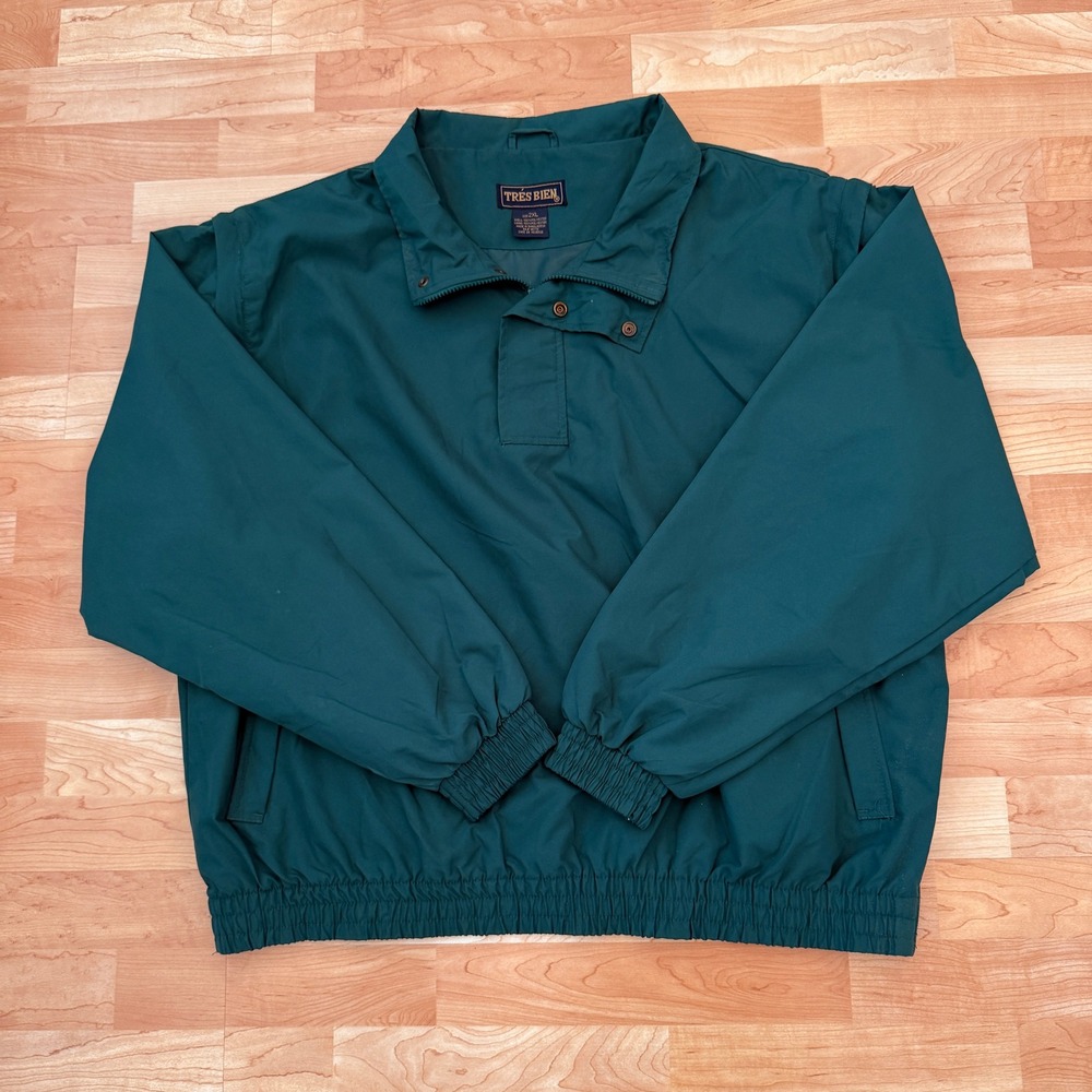 Tres Bien Mens 2XL Forest Green Windbreaker Pullover Quarter Zip Jacket Pockets - Picture 2 of 8